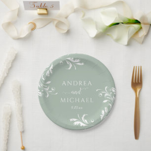 Assiettes En Carton Vert Sage Clair Mariage Élégant Luxe Flourdissant