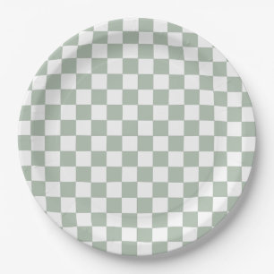 Assiettes En Carton Vert sauge et blanc à carreaux