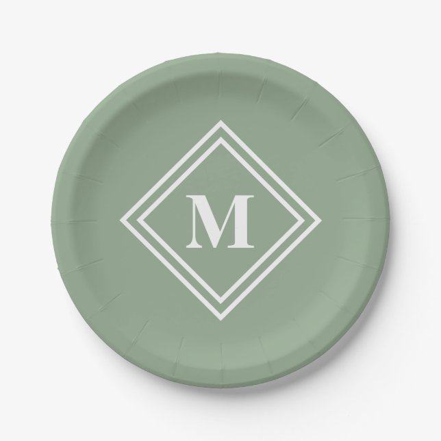 Assiettes En Carton Vert Sauge Moderne Monogramme (Devant)