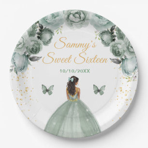 Assiettes En Carton Vert Sauge Peau Foncée Princesse Sweet Seize