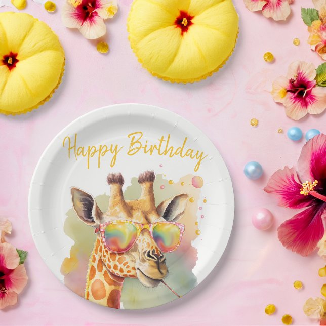 Assiettes En Carton Vibes d'été Aquarelle Giraffe - Joyeux anniversair (Créateur téléchargé)