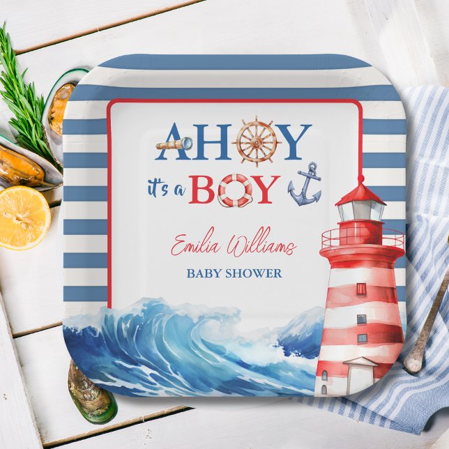 Assiettes En Carton Vibrant Blue Red Coastal Lighthouse Baby Shower (Créateur téléchargé)