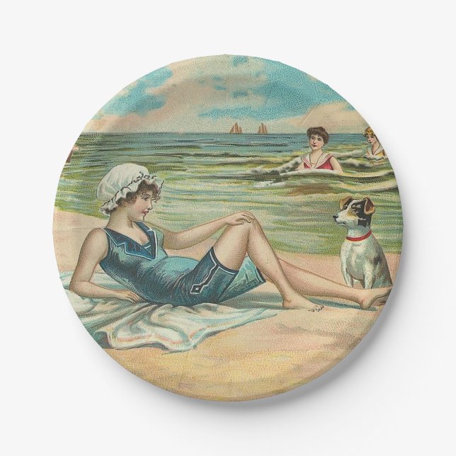 Assiettes En Carton Victorian Beach Swim Girl Ocean Summer Vacances (Devant)