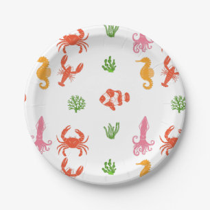 Assiettes En Carton Vie Océanique, Homard, Crabe, Poulpe