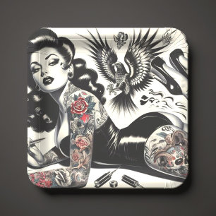 Assiettes En Carton Vielle écolière tatouée