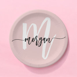 Assiettes En Carton Vierge rose moderne Script Girl Monogramme Nom