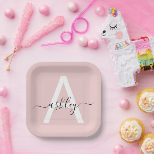 Assiettes En Carton Vierge rose moderne Script Girl Monogramme Nom