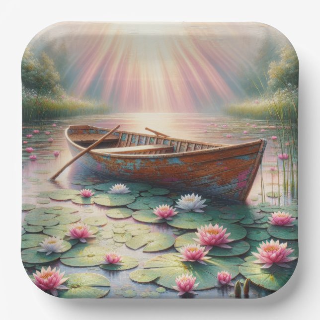 Assiettes En Carton Vieux Bateau À Voie Rustique Dans Les Nappes D'Eau (Recto)