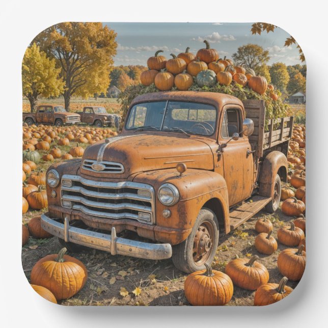 Assiettes En Carton Vieux Camion Rempli De Citrouilles (Recto)