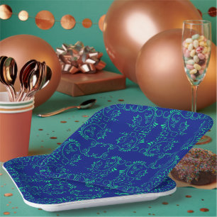 Assiettes En Carton Vignes abstraites vertes motif bleu