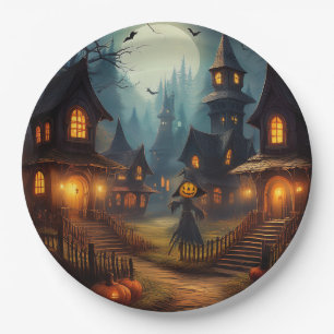Assiettes En Carton Village effrayant d'Halloween avec épouvantail