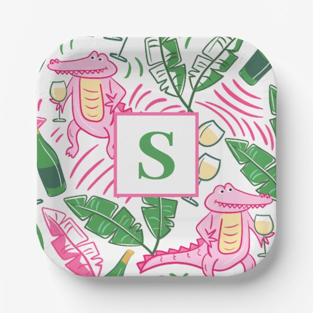 Assiettes En Carton Vin Alligator Pink vert Monogramme (Recto)