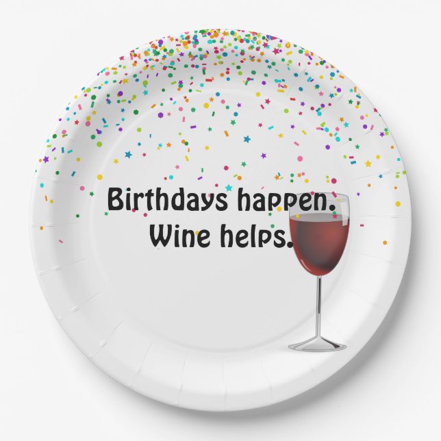 Assiettes En Carton Vin rouge et confetti d'anniversaire (Devant)