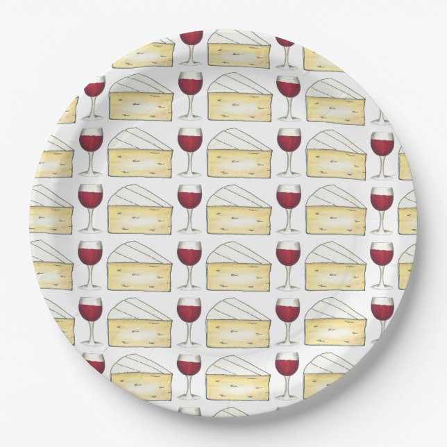 Assiettes En Carton Vin Rouge Verre Brie Fromage Plaques de Cocktail (Devant)