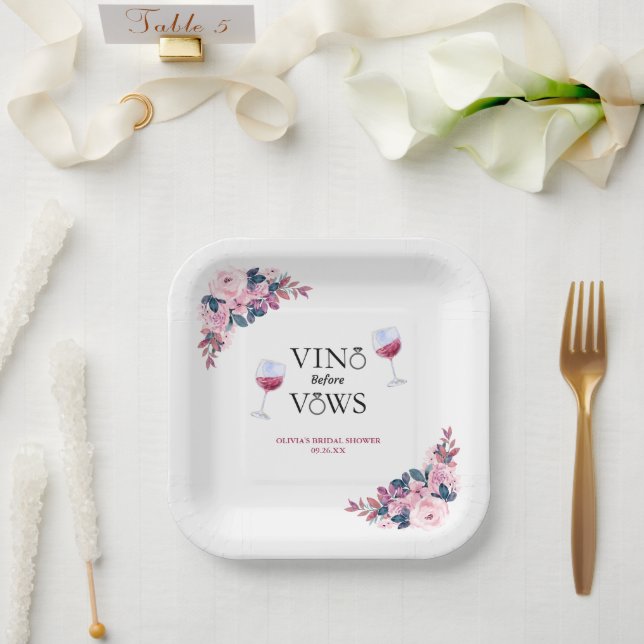 Assiettes En Carton Vino Before Vows Fleurs Roses Mariage (Mariage)