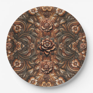 Assiettes En Carton Vintage bossé Faux Cuir Fleur look élégant
