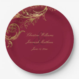 Assiettes En Carton Vintage Burgundy Gold Floral Damask Script Mariage