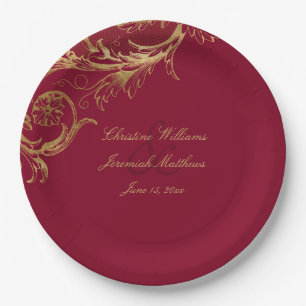 Assiettes En Carton Vintage Burgundy Gold Floral Damask Script Mariage