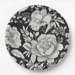 Assiettes En Carton Vintage floral classique noir et blanc