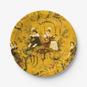Assiettes En Carton Vintage French Gold Yellow Toile Victorian Floral