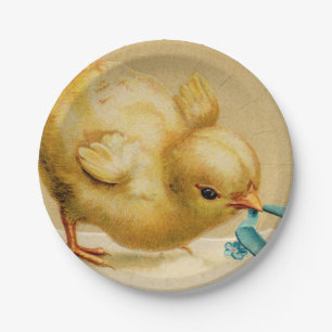 Assiettes En Carton Vintage Joyeux poussin de Pâques avec fleurs bleu