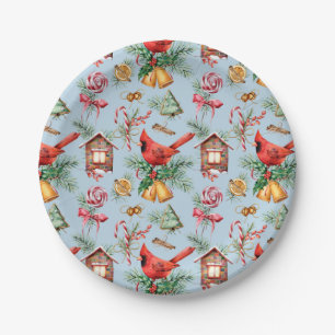 Assiettes En Carton Vintage Noël Red Bird Pine Holly Sucre de canne