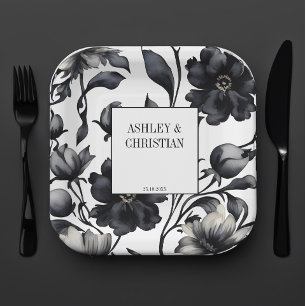 Assiettes En Carton Vintage noir et blanc élégant modèle de mariage