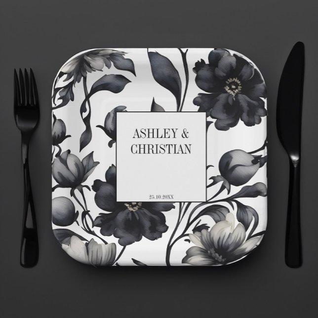 Assiettes En Carton Vintage noir et blanc élégant modèle de mariage (Black and white vintage flowers elegant wedding tableware personalized template paper plates noir)