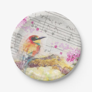 Assiettes En Carton Vintage oiseau sur les fleurs roses de l'arbre déc