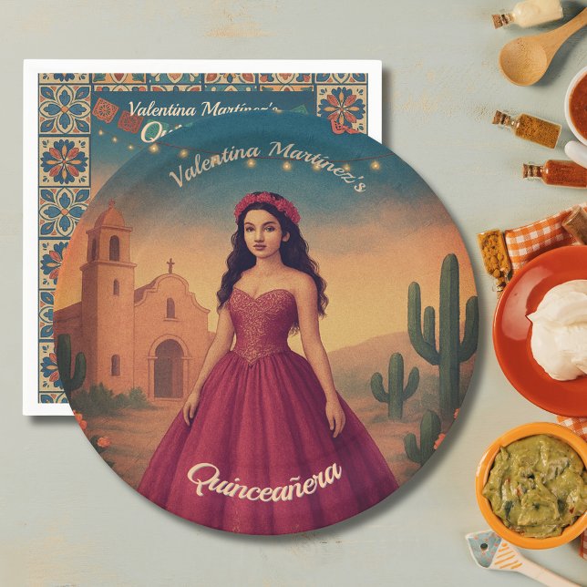 Assiettes En Carton Vintage Quinceañera Nom personnalisé Robe rouge (Custom Vintage Quinceañera Red Dress Talavera Art Napkins)