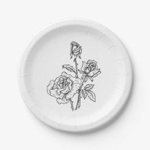 Assiettes En Carton Vintage Rose noir blanc fleurs de mariage