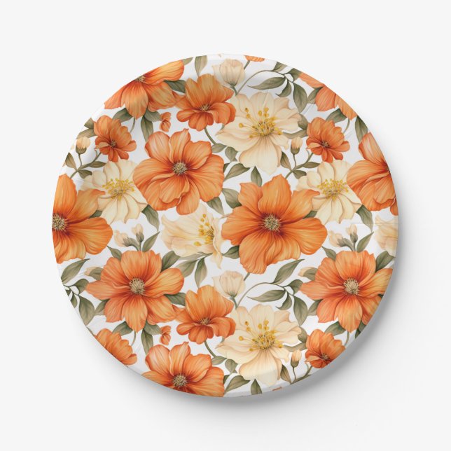 Assiettes En Carton Vintage Rustic Orange Autumn Flowers Motif (Devant)