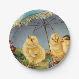 Assiettes En Carton Vintages petits de Pâques sous un parasol