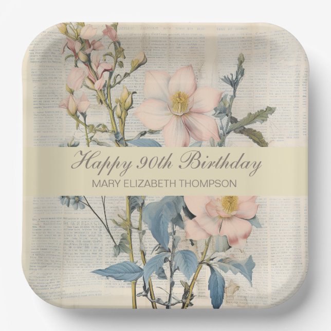 Assiettes En Carton Vintaqe Botanique Fleur sauvage 90e anniversaire (Recto)