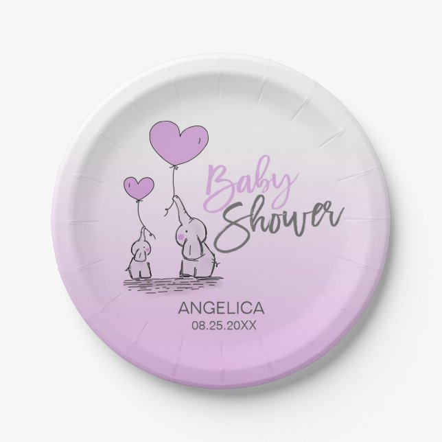 Assiettes En Carton Violet Lavender Elephant Baby shower genre (Devant)