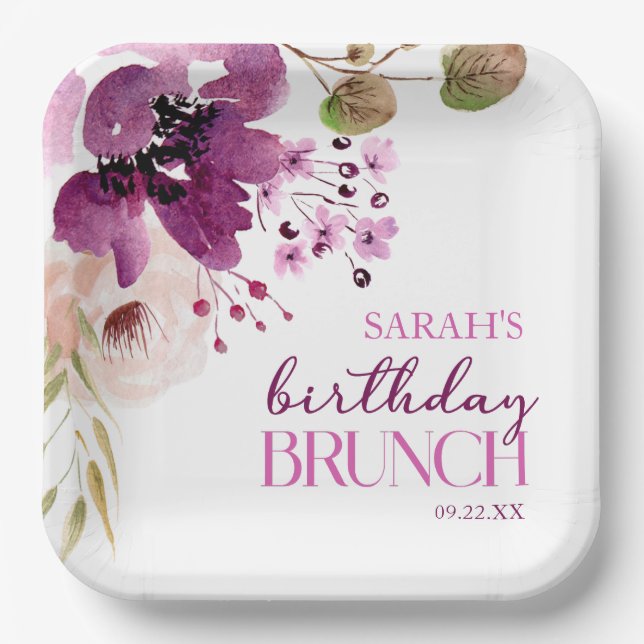 Assiettes En Carton Violet Magenta Purple Floral Anniversaire Brunch (Recto)
