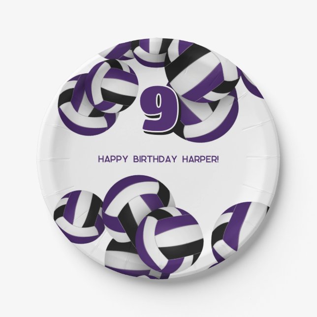 Assiettes En Carton violet noir volleyballs anniversaire de enfant (Devant)