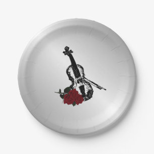 Assiettes En Carton Violon et Roses Argent