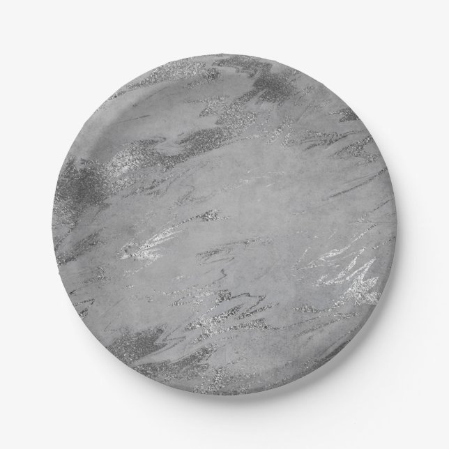 Assiettes En Carton Vip Abstrait gris Graphite Silver Marble Party (Devant)