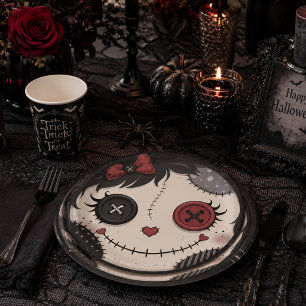 Assiettes En Carton Visage de poupée à œil bouton gothique rose noir H