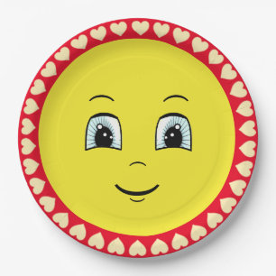 Assiettes En Carton Visage de soleil heureux d'anniversaire & cœurs 