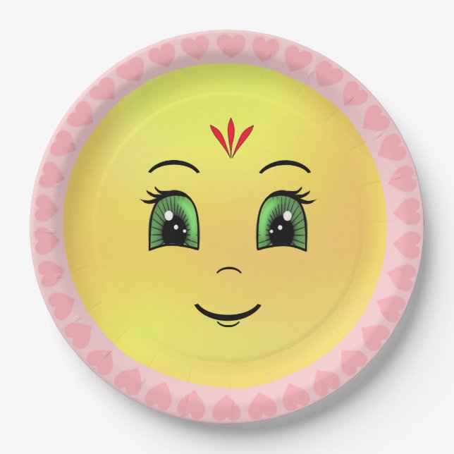Assiettes En Carton Visage de soleil heureux moderne & coeurs (Devant)