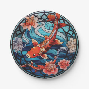 Assiettes En Carton Vitrail asiatique style Koi Poisson et Camellias
