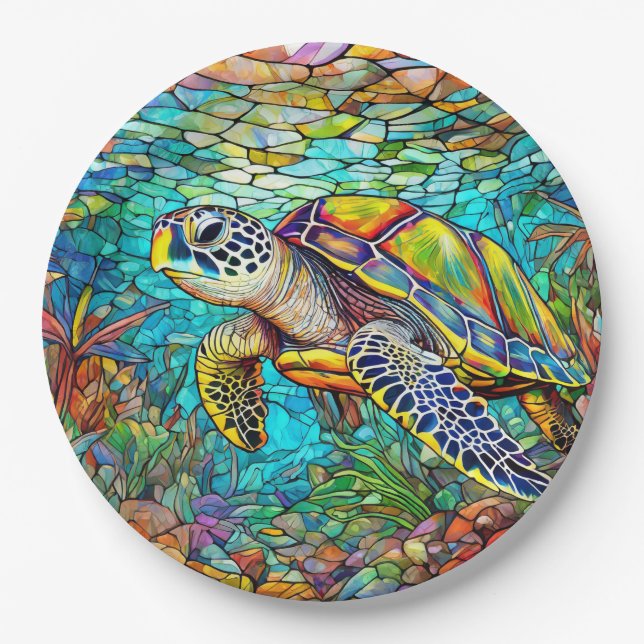 Assiettes En Carton Vitrail de tortue de mer (Devant)