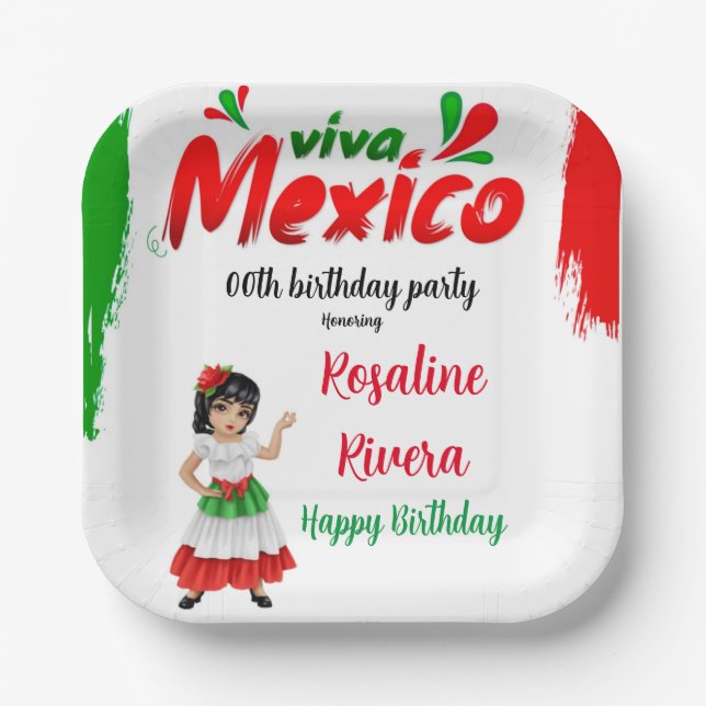 Assiettes En Carton Viva Mexico Fille 00e fête d'anniversaire (Recto)