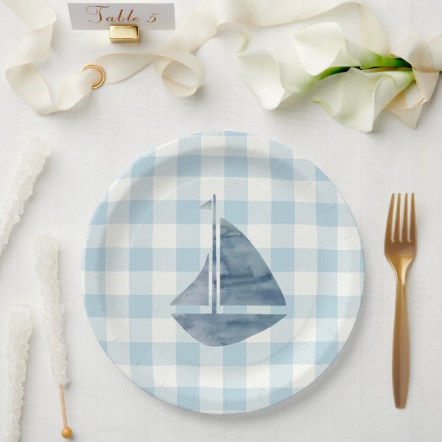 Assiettes En Carton Voilier Bleu Nautique En vichy Vérificateur Motif (Mariage)