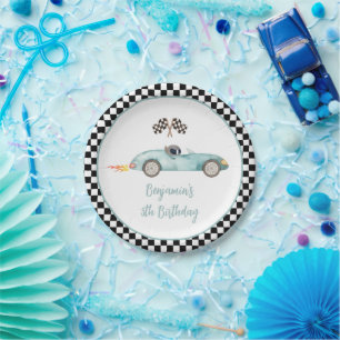 Assiettes En Carton Voiture de course bleue moderne Anniversaire
