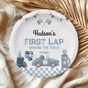 Assiettes En Carton Voiture de course bleue Premier tour autour de la