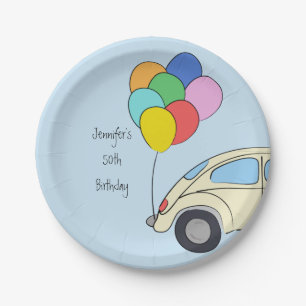 Assiettes En Carton Voiture d'époque et ballons colorés dessinant l'