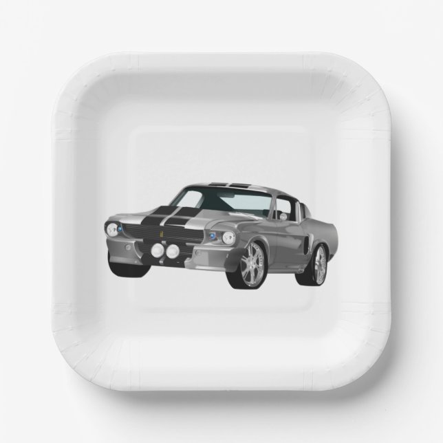 Assiettes En Carton Voiture Muscle Argent (Recto)